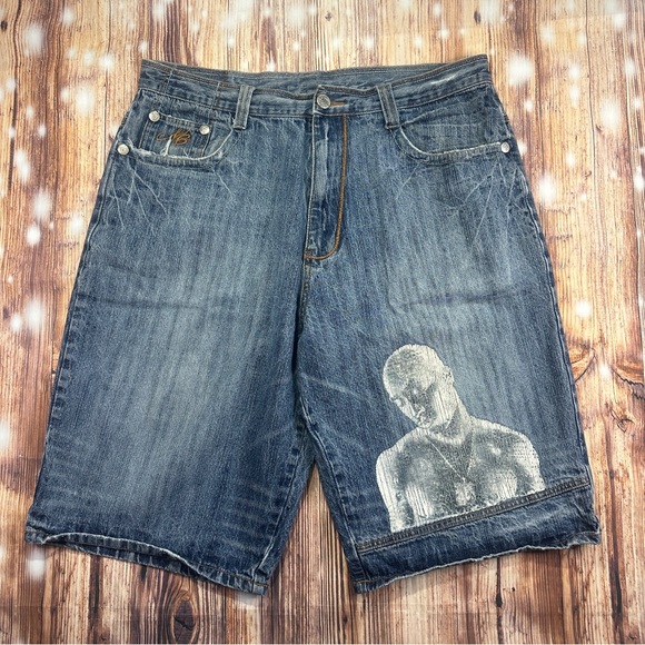VIntage Makaveli Jeans Men’s 2pac Blue Denim Jean Shorts Size 38 - Picture 1 of 16
